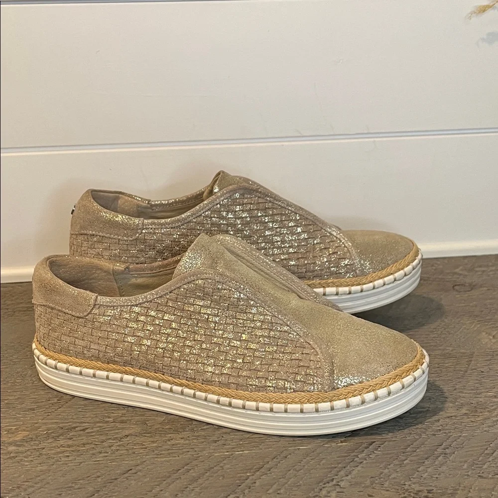 J/Slides NYC Kayla gold metallic woven leather slip on shoes 8.5 - Picture 1 of 8